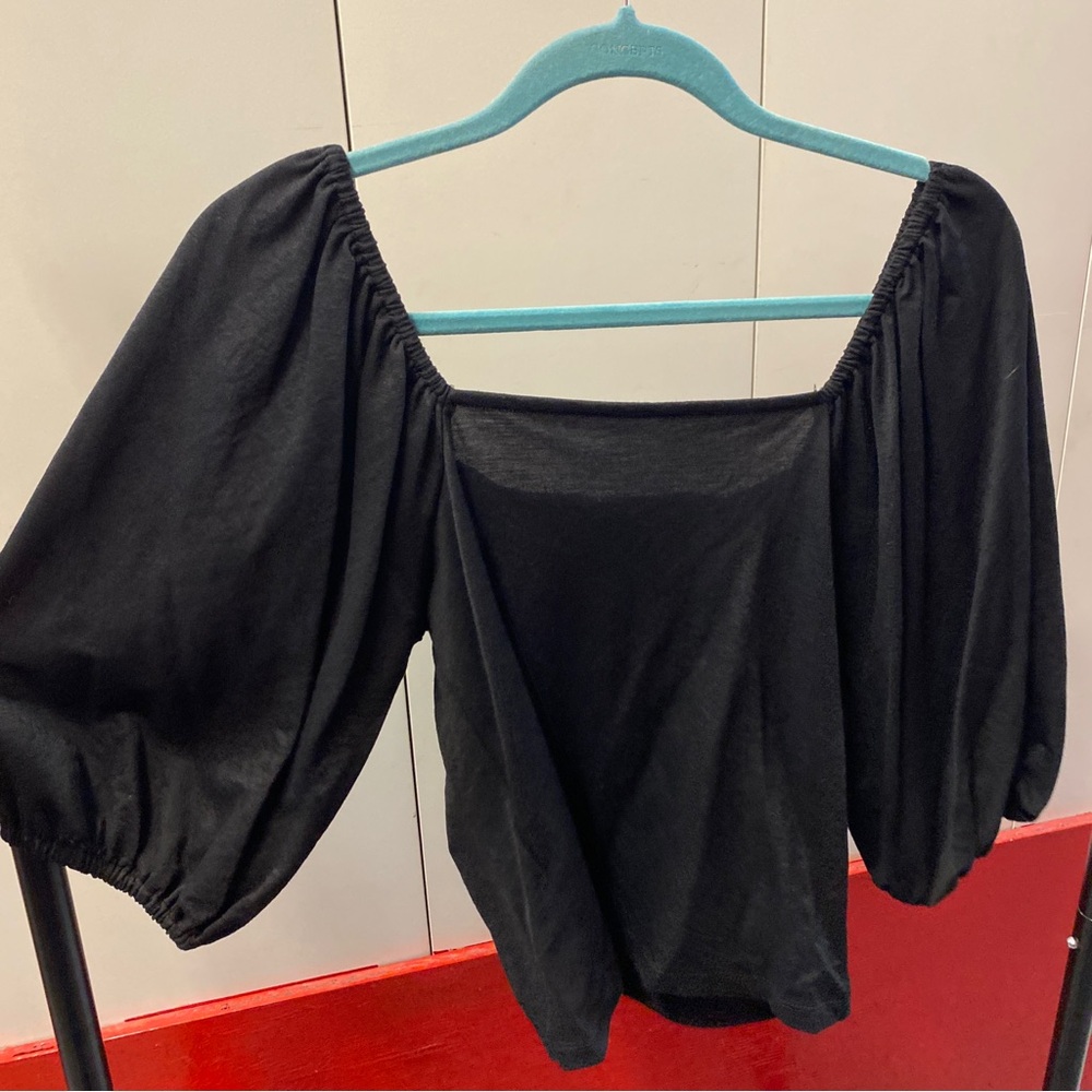 Ann Taylor Black Square Neck Puff Sleeve Top | Size M